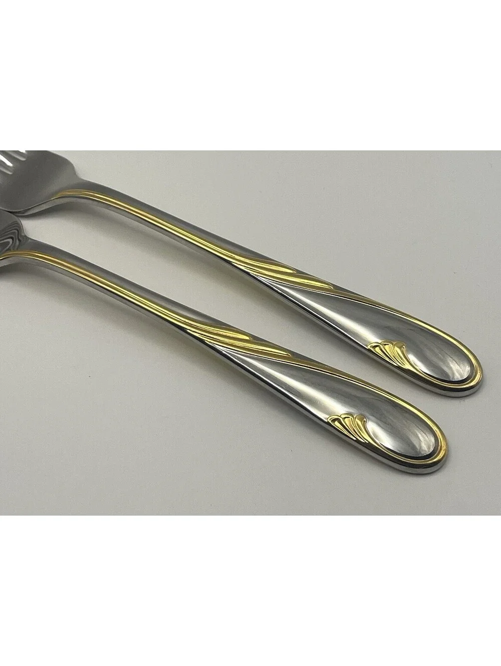 (2) Gorham GOLDEN SWIRL 18/8 Stainless Japan Dinner Fork Lot ~ 7 7/8”